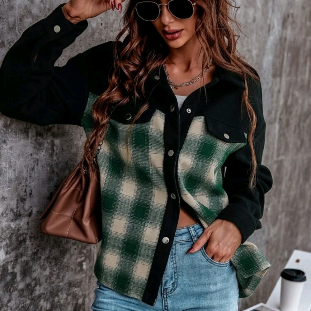 Drop Shoulder Button Front Plaid Jacket - image 3